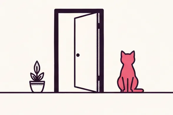 Illustration: en åben dør i en karm med en potteplante på den ene side og en hindbærrød kat, der sidder uden for døren på den anden side.