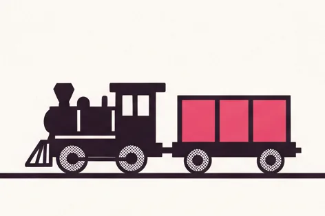 Illustration: et legetøjslokomotiv koblet til en hindbærrød vogn på et stykke skinne.