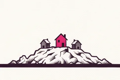 Illustration: en lille klippeø med tre små huse; det midterste hus er hindbærrødt.