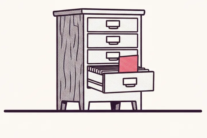 Illustration: et kartoteksskab i træ med en skuffe trukket ud; ét hindbærrødt kort stikker op.