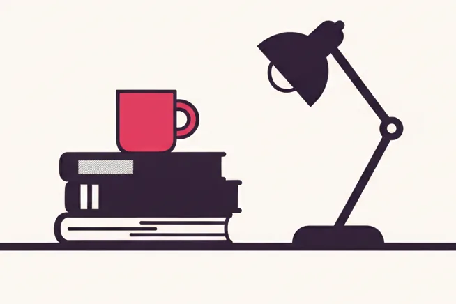 Illustration: en stak ordbøger med en hindbærrød kop ovenpå og en skrivebordslampe ved siden af.