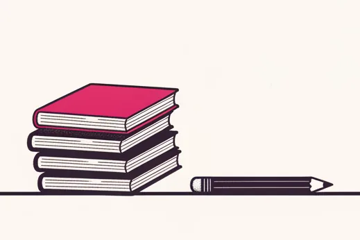 Illustration: en stak bøger, hvor den øverste er hindbærrød, og en blyant ved siden af.