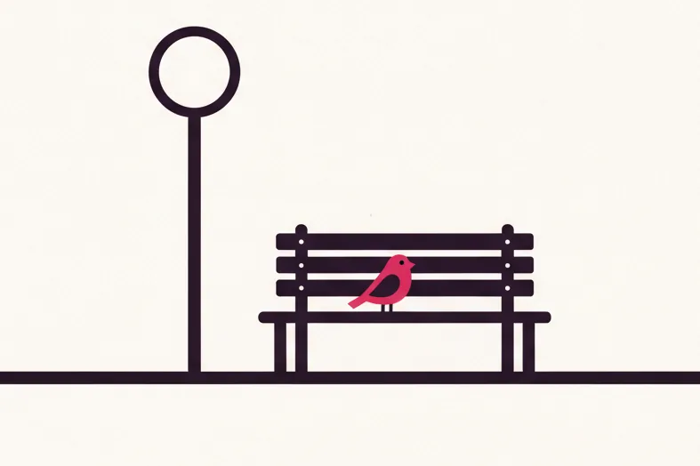 Illustration: et skilt ved et busstoppested og en bænk; en hindbærrød fugl sidder på bænken.