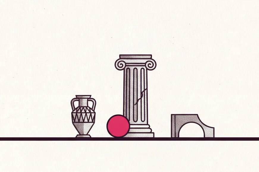 Illustration: et brudstykke af en romersk søjle med en hindbærrød bold foran, en vase og en stenrest ved siden af.